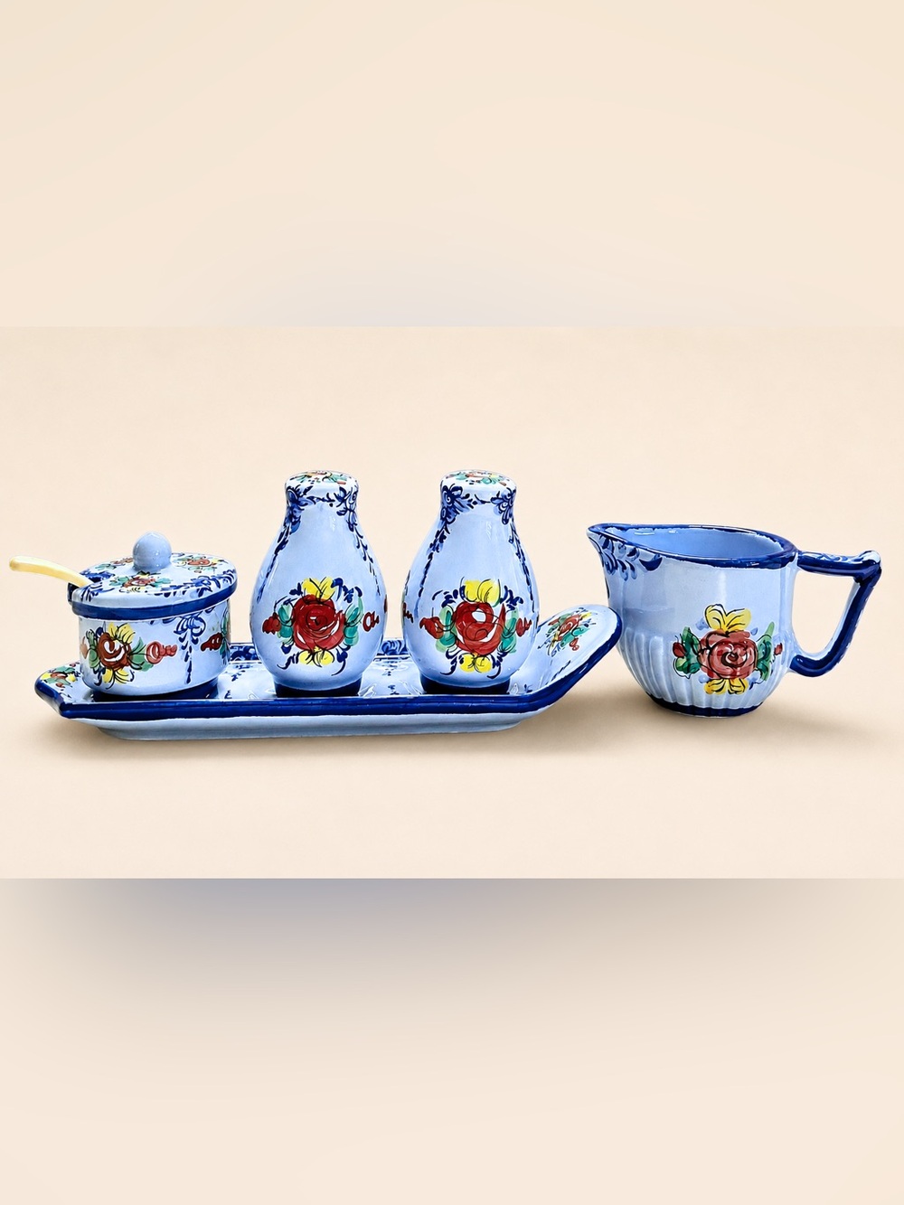 Vintage Portugal Ceramic Cruet Set Tray Salt Pepper Creamer Spoon Floral Blue